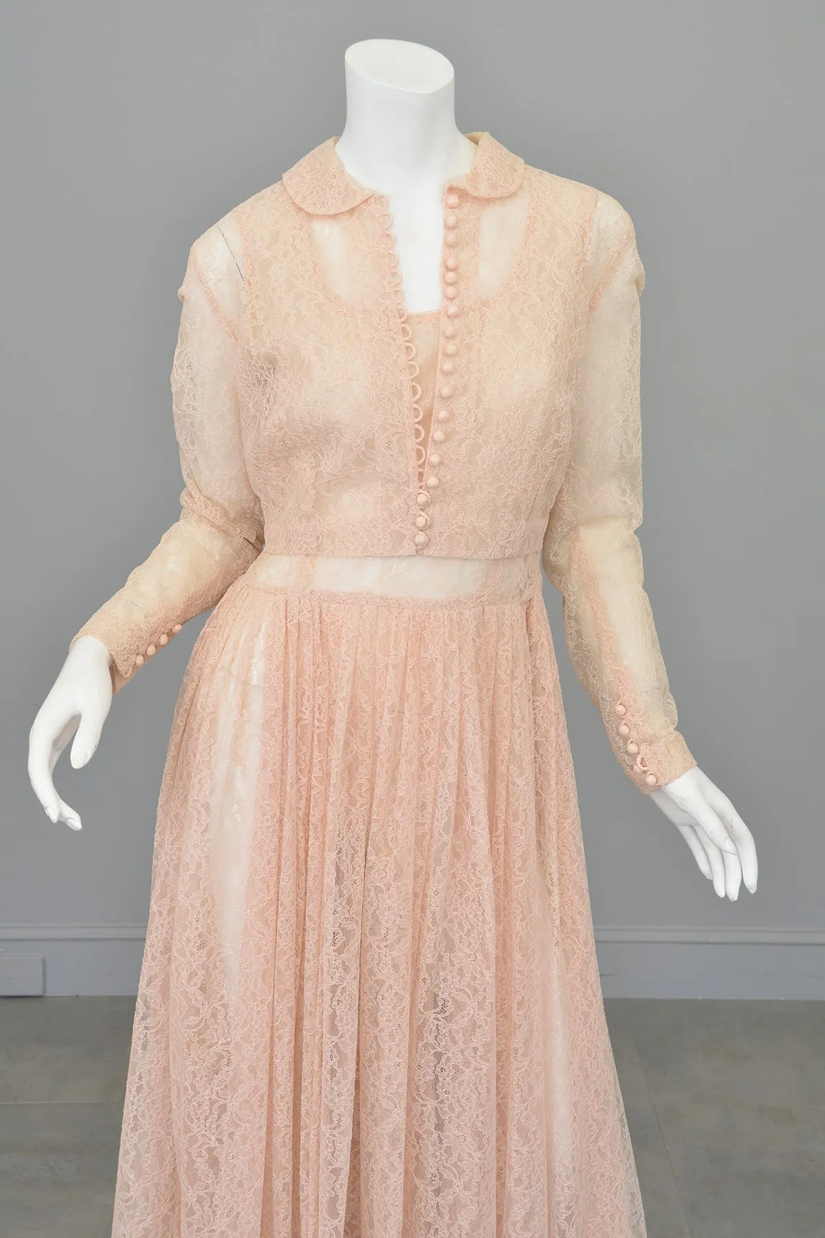 1940s 50s Sheer Light Pink Embroidered Lace Victorian Style Jacket Blouse