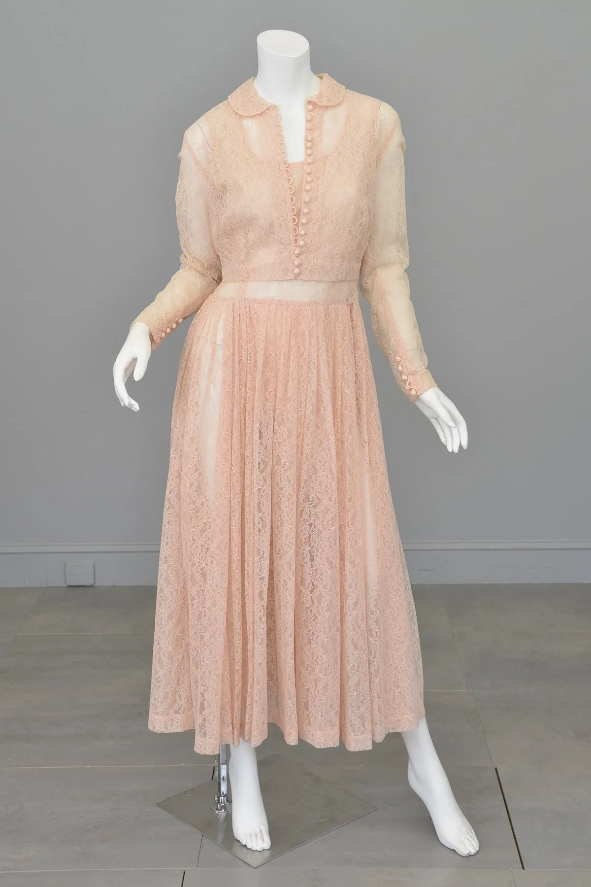 1940s 50s Sheer Light Pink Embroidered Lace Victorian Style Jacket Blouse