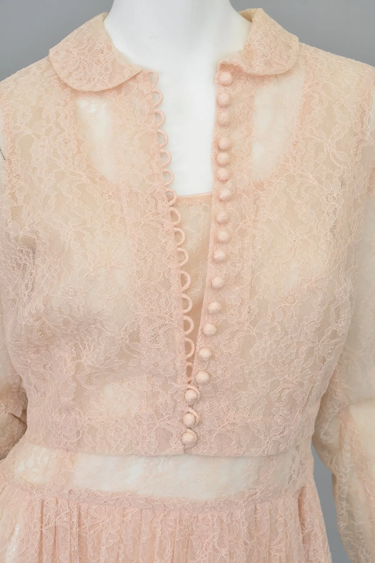 1940s 50s Sheer Light Pink Embroidered Lace Victorian Style Jacket Blouse