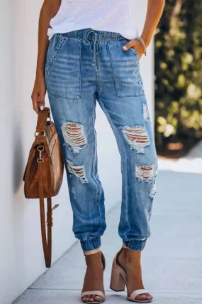 Adjustable Waist Ripped Loose Jeans