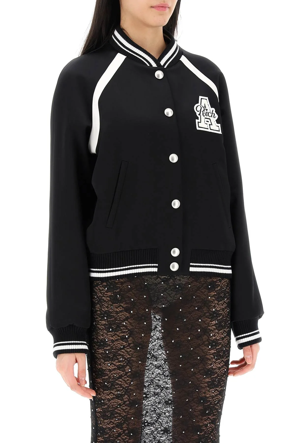 Alessandra Rich black satin bomber jacket with logo patch - style FABX3583 F4313.