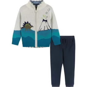 Andy & Evan Dino Landscape Intarsia Sweater Zip-Up Set, Blue & Green