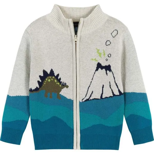 Andy & Evan Dino Landscape Intarsia Sweater Zip-Up Set, Blue & Green