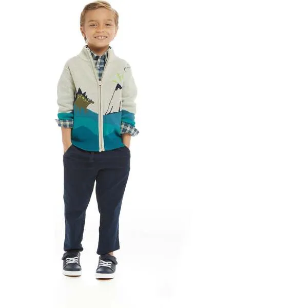 Andy & Evan Dino Landscape Intarsia Sweater Zip-Up Set, Blue & Green