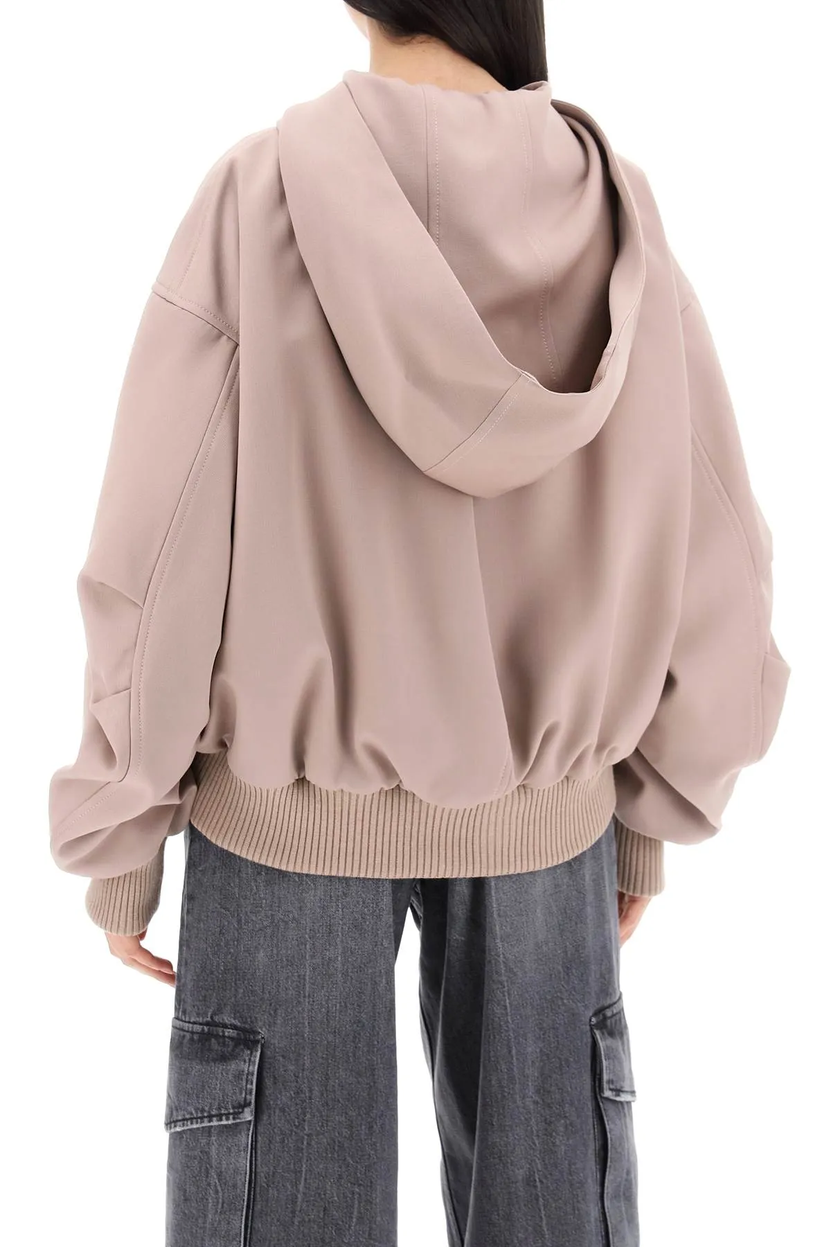 beige oversized hooded bomber jacket