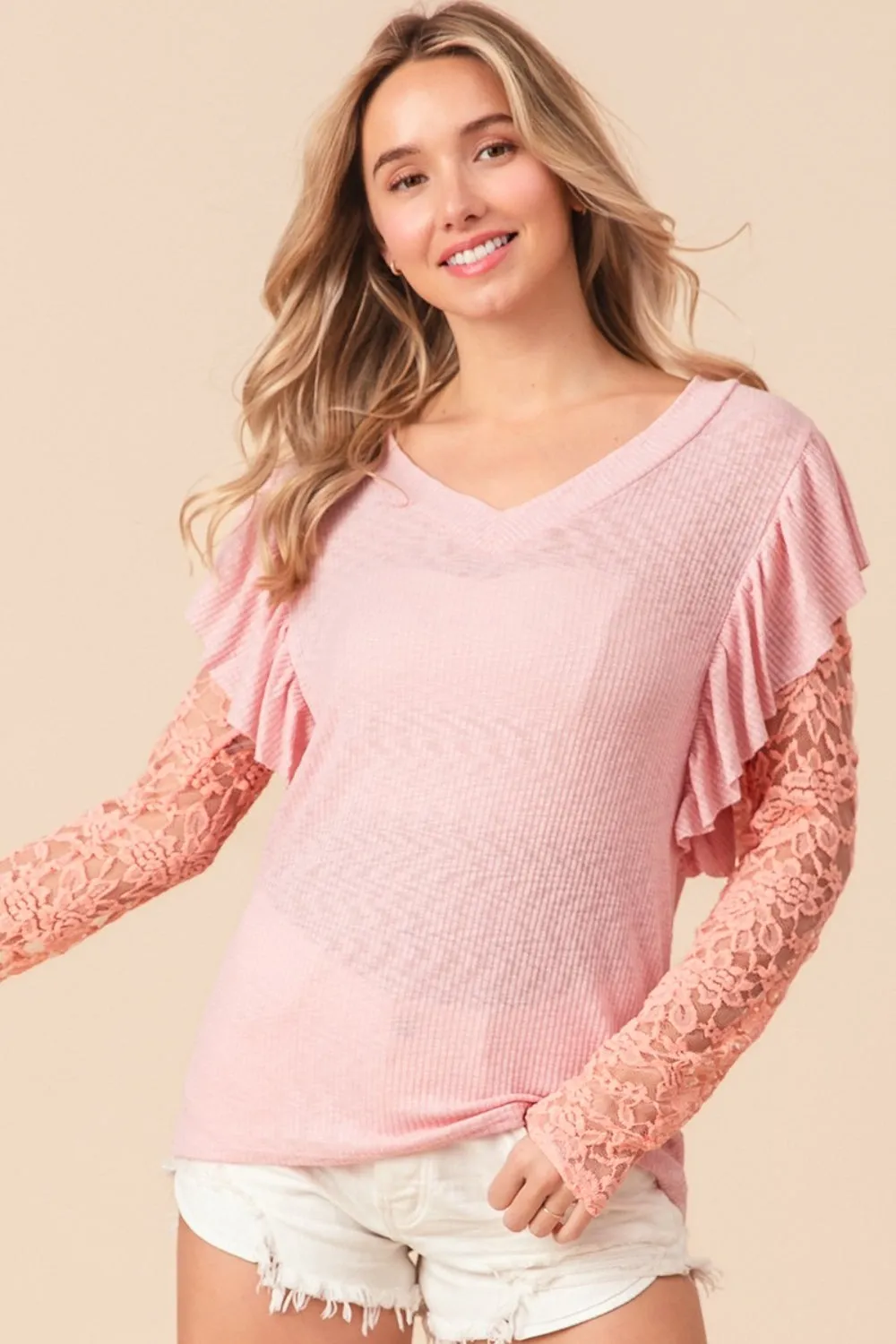 BiBi Ruffled Lace Sleeve Rib Knit Top