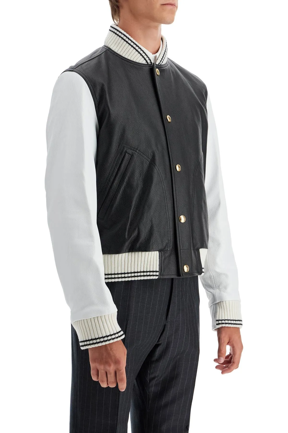 black leather varsity jacket