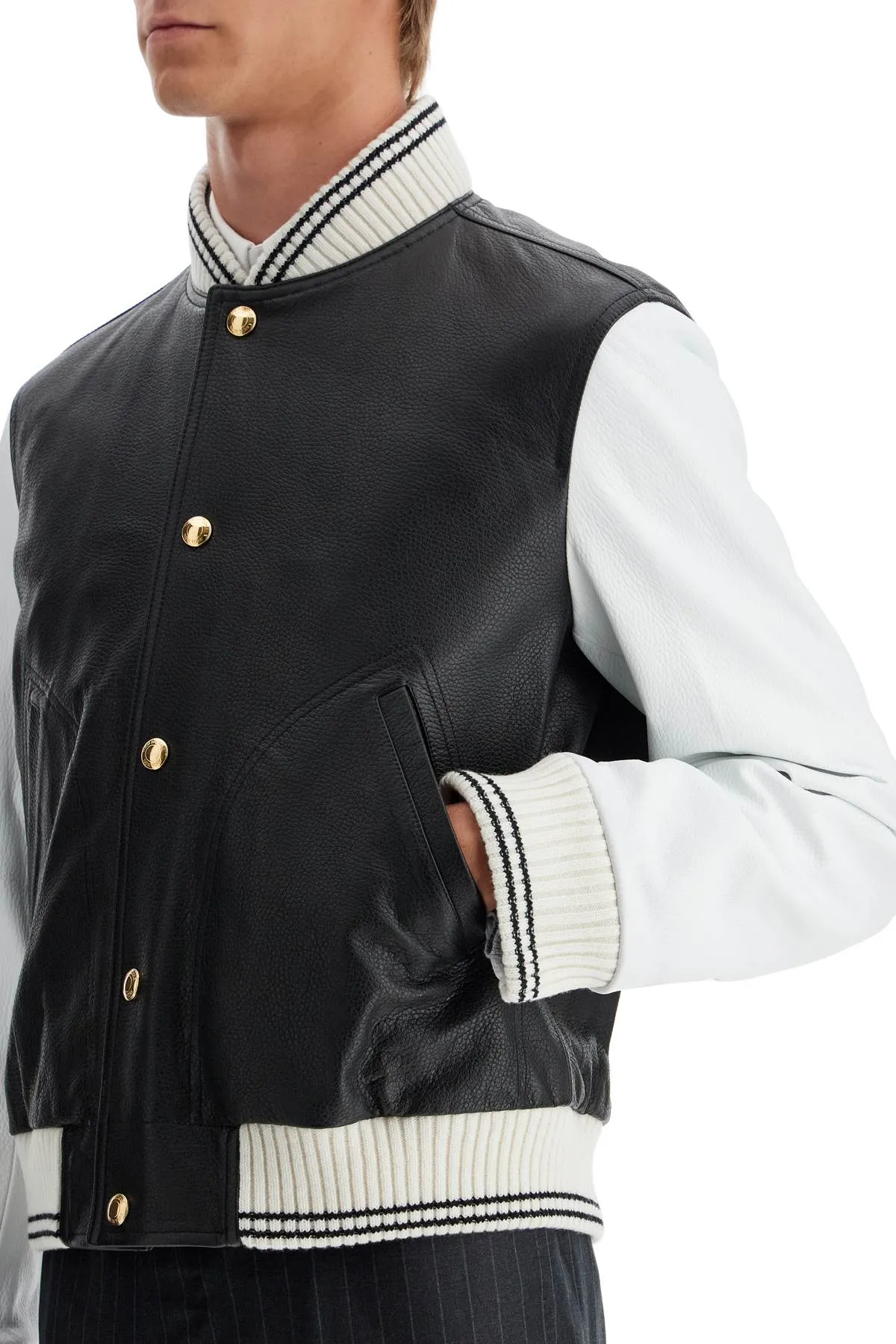 black leather varsity jacket