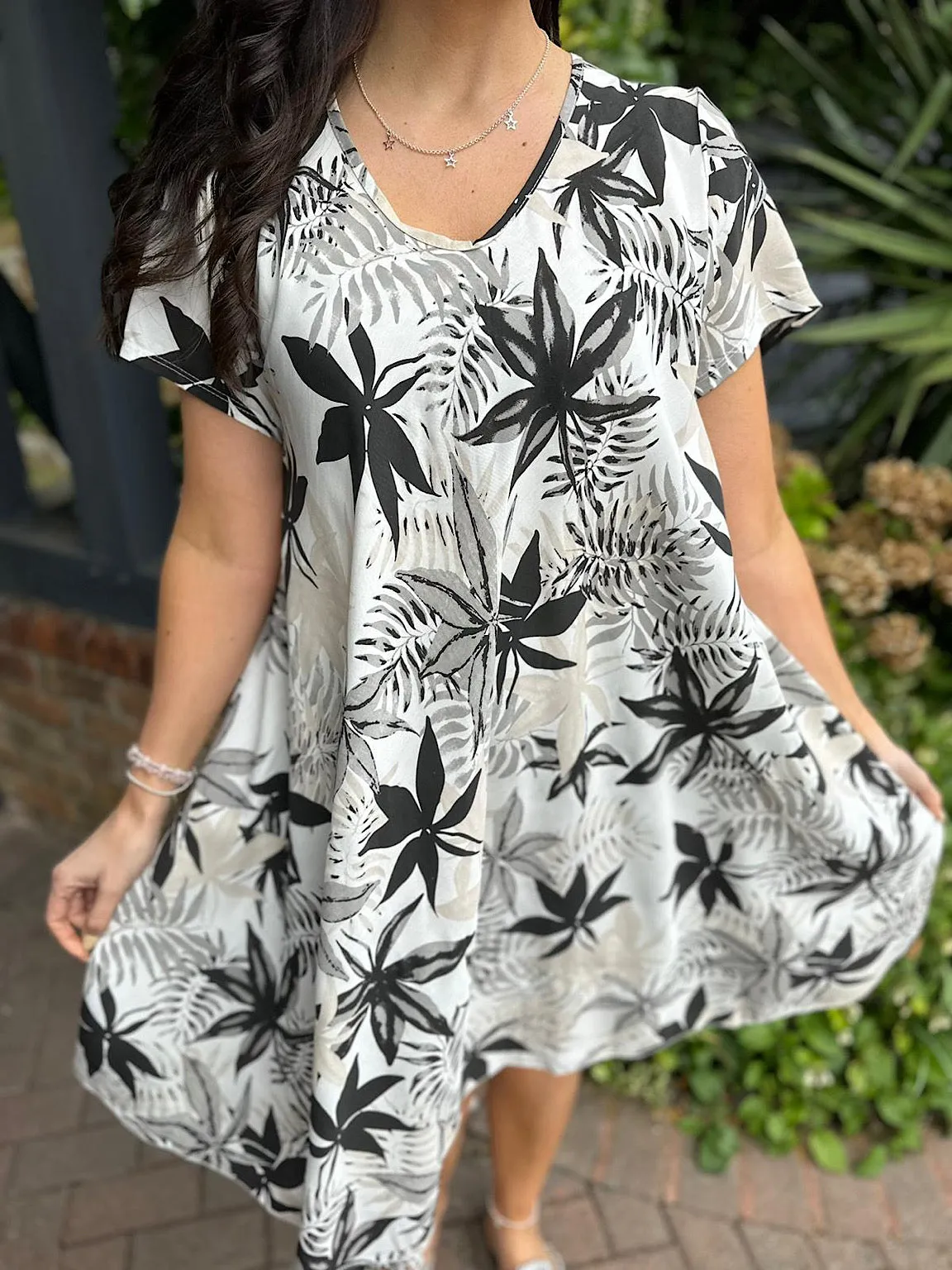 Black Multi Leaf V Neck Dress Kim