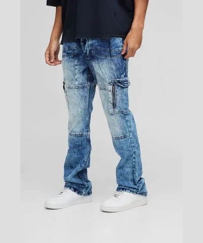 boohoo Mens Slim Flared Acid Wash Panel Cargo Jeans