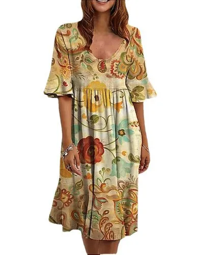 Casual Flower Round Neck Half Sleeve Printing Polyester Knee-length A-line Skirt