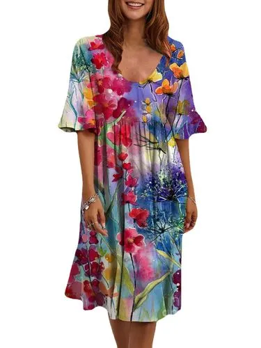 Casual Flower Round Neck Half Sleeve Printing Polyester Knee-length A-line Skirt