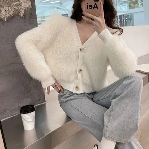 Casual Solid Color Plush V Neck Long Sleeve Regular Sleeve Button Coat