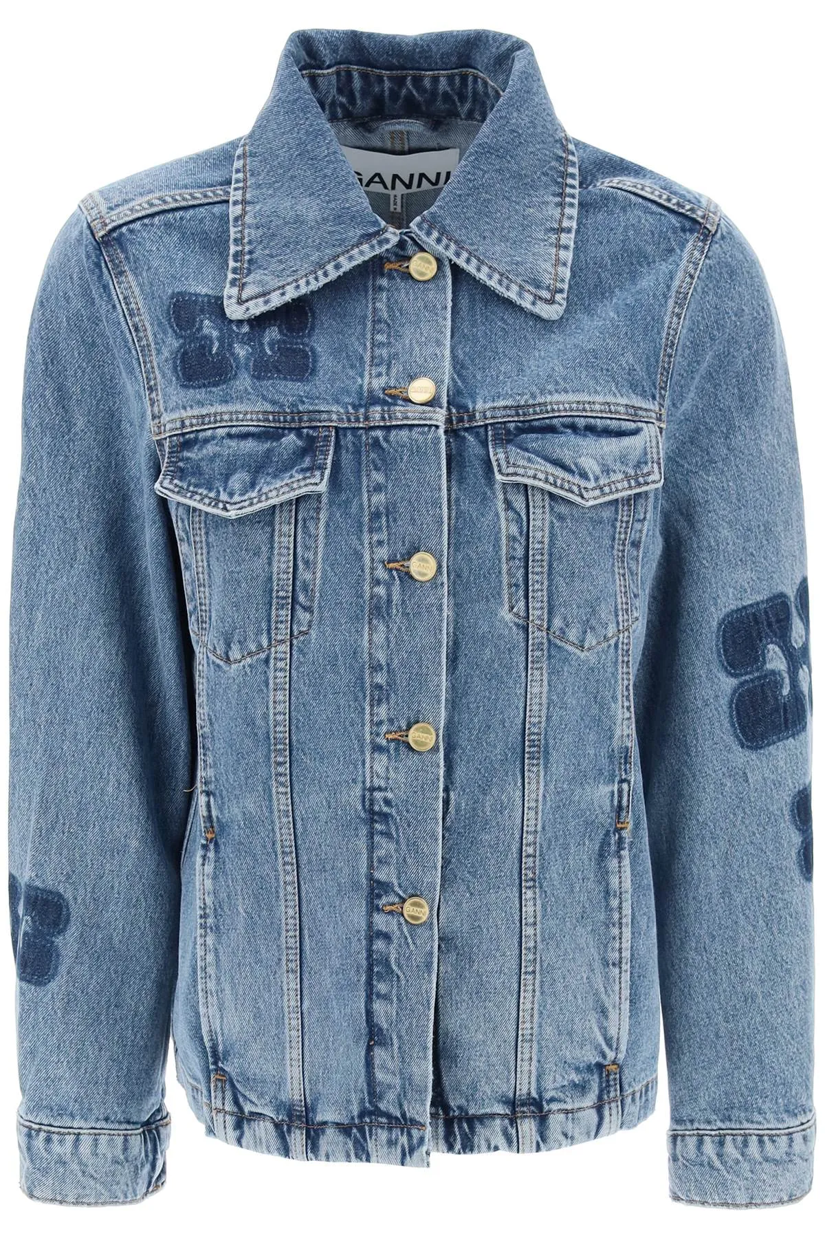 denim jacket with patch, J1436, mid blue stone