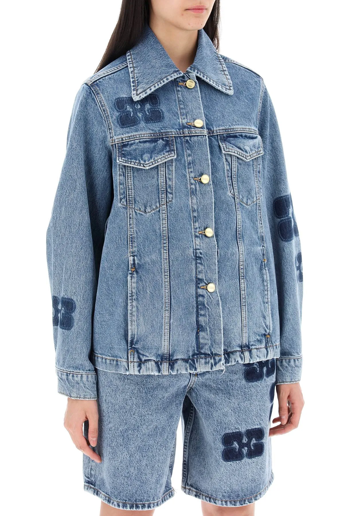 denim jacket with patch, J1436, mid blue stone