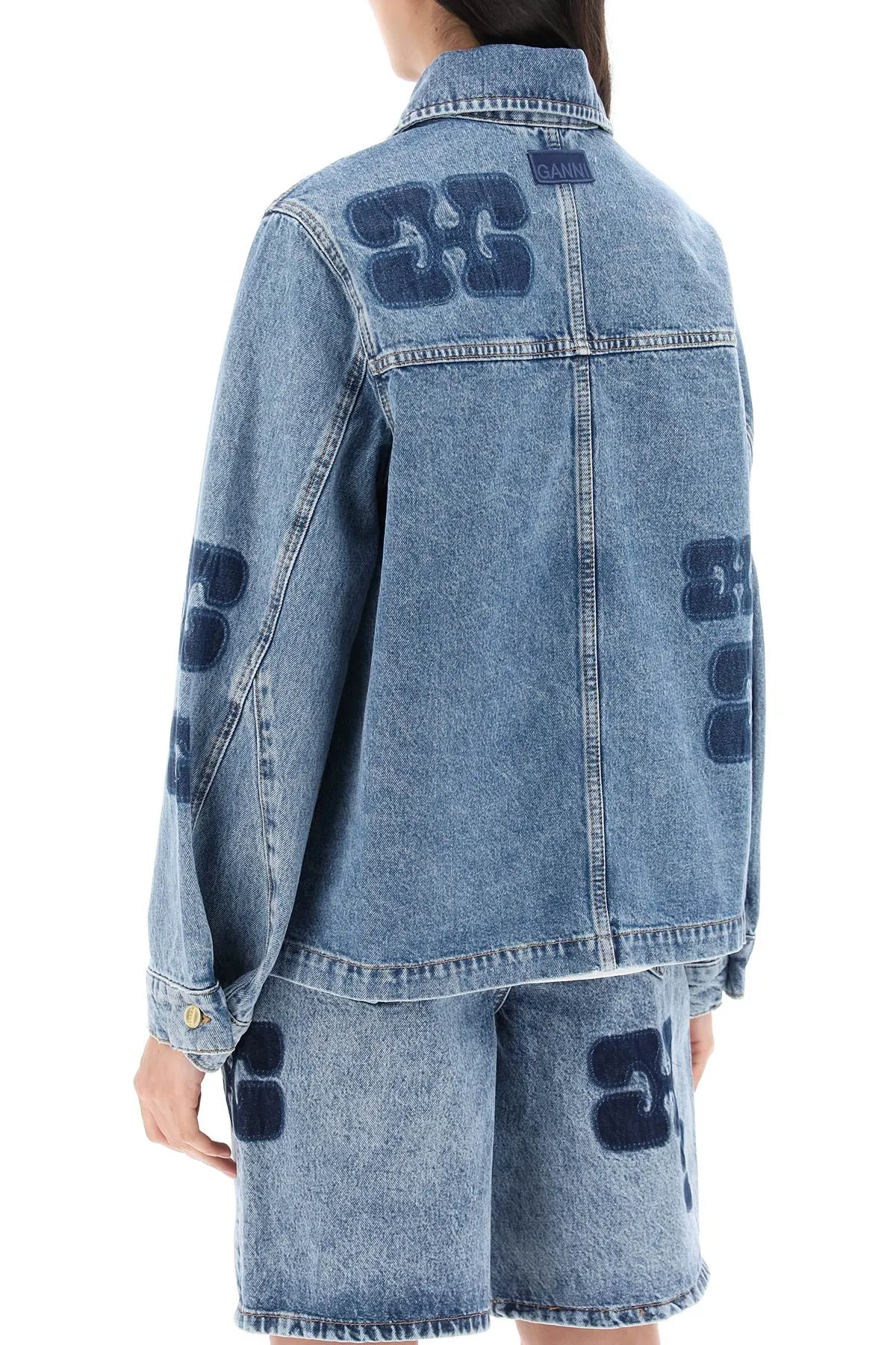 denim jacket with patch, J1436, mid blue stone