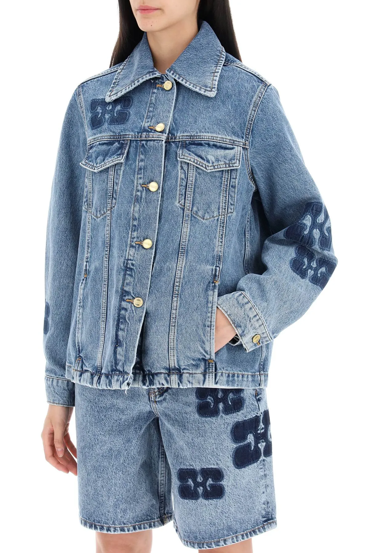 denim jacket with patch, J1436, mid blue stone