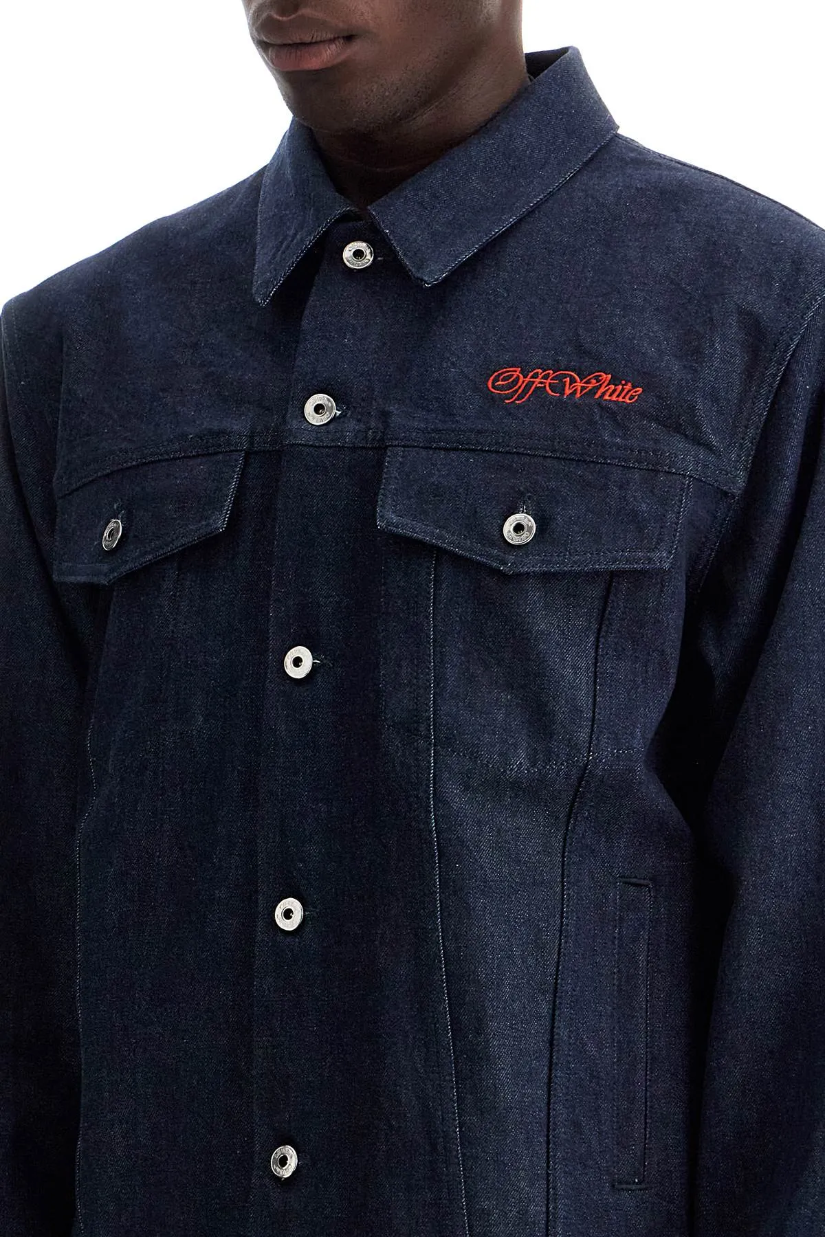 Denim shirt jacket, button closure, OMYE09BF24DEN003, dusty blue, red