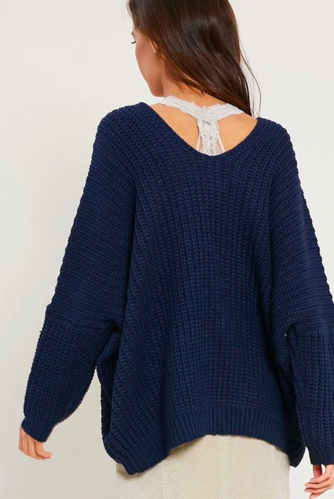 Eight Letters V-Neck Oversized Knit Sweater in Navy