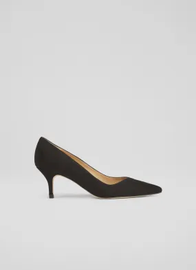 Farah Black Suede Asymmetric Kitten Heel Courts, Black