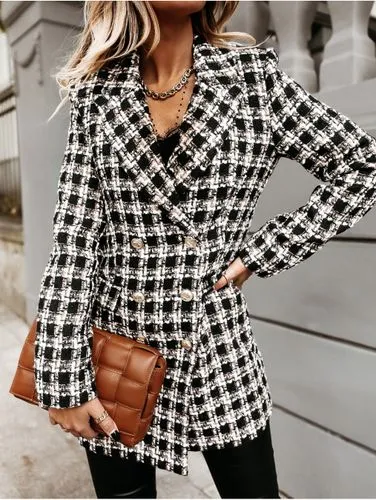 Fashion Plaid Polyester Double Breasted Woolen Coat