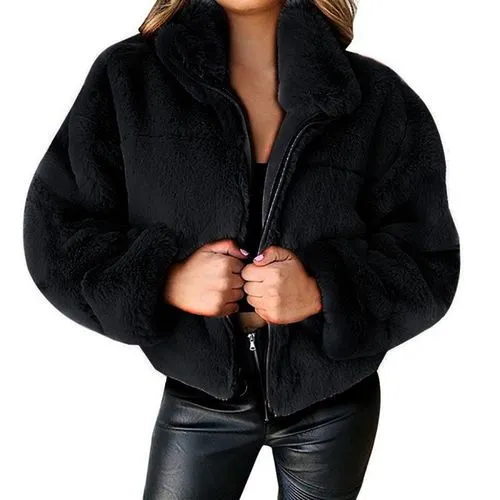 Fashion Solid Color Patchwork Polyester Zipper Coat Woolen Coat