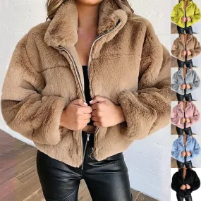 Fashion Solid Color Patchwork Polyester Zipper Coat Woolen Coat