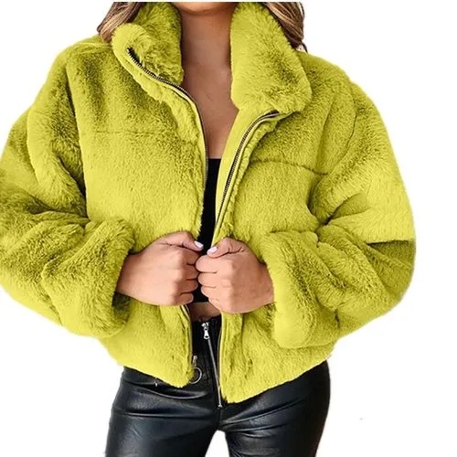 Fashion Solid Color Patchwork Polyester Zipper Coat Woolen Coat