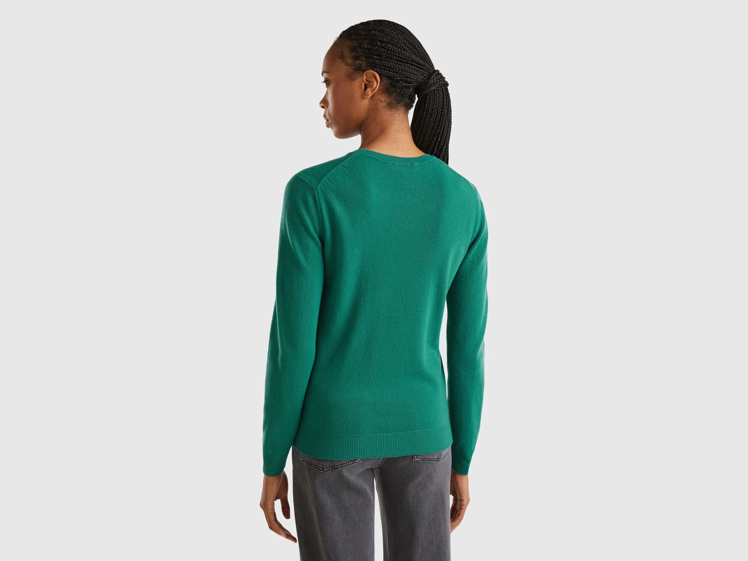 Forest green crew neck sweater in pure Merino wool - Dark Green | Benetton