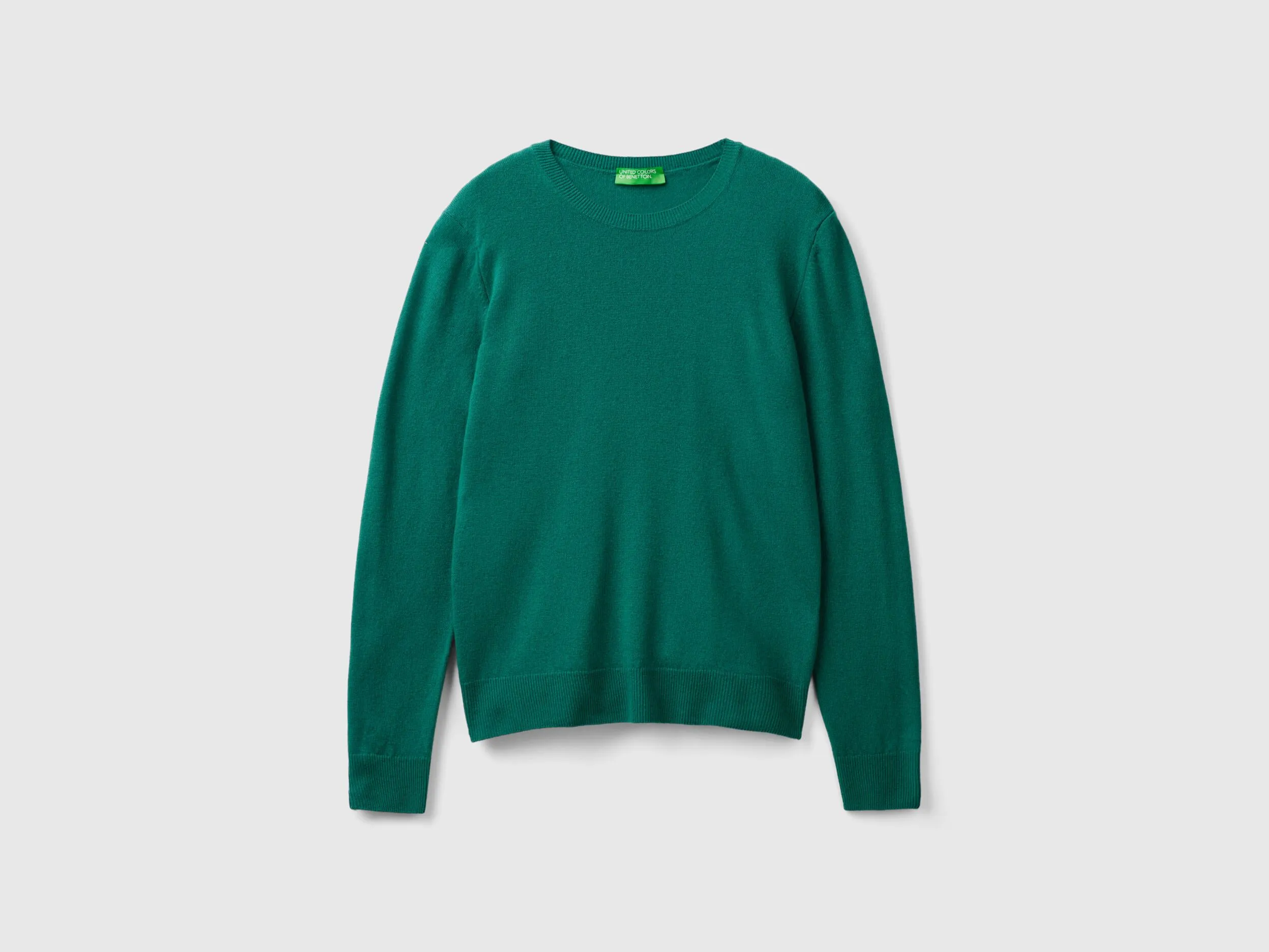 Forest green crew neck sweater in pure Merino wool - Dark Green | Benetton