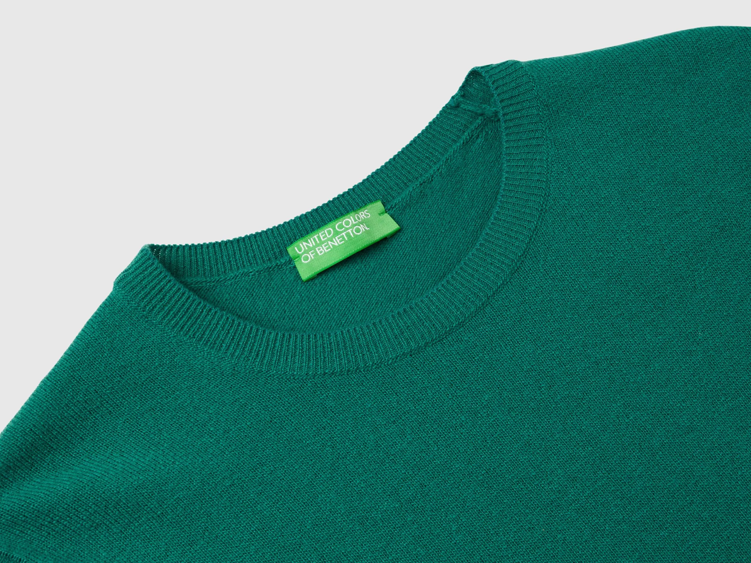 Forest green crew neck sweater in pure Merino wool - Dark Green | Benetton