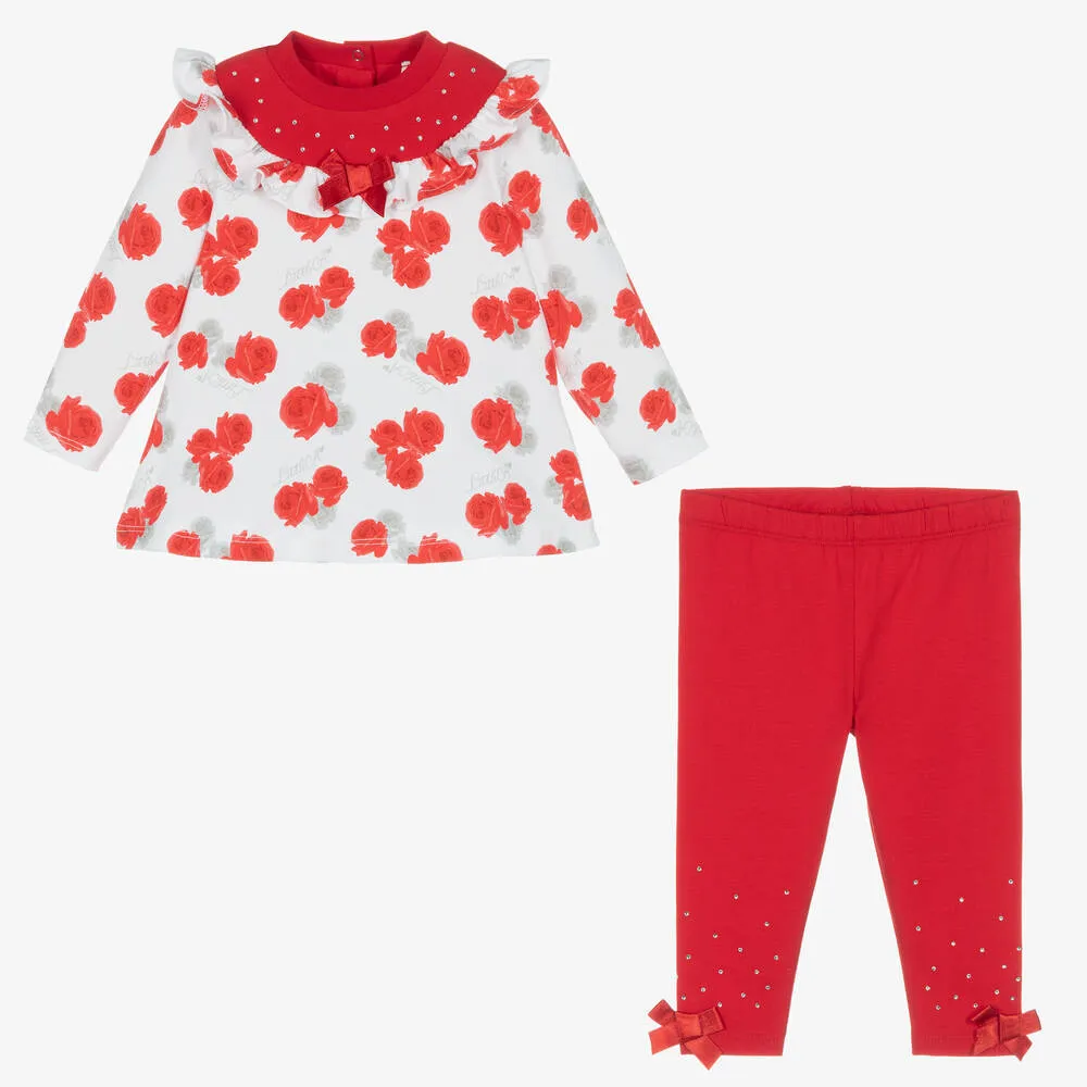 Girls Red Roses Cotton Leggings Set