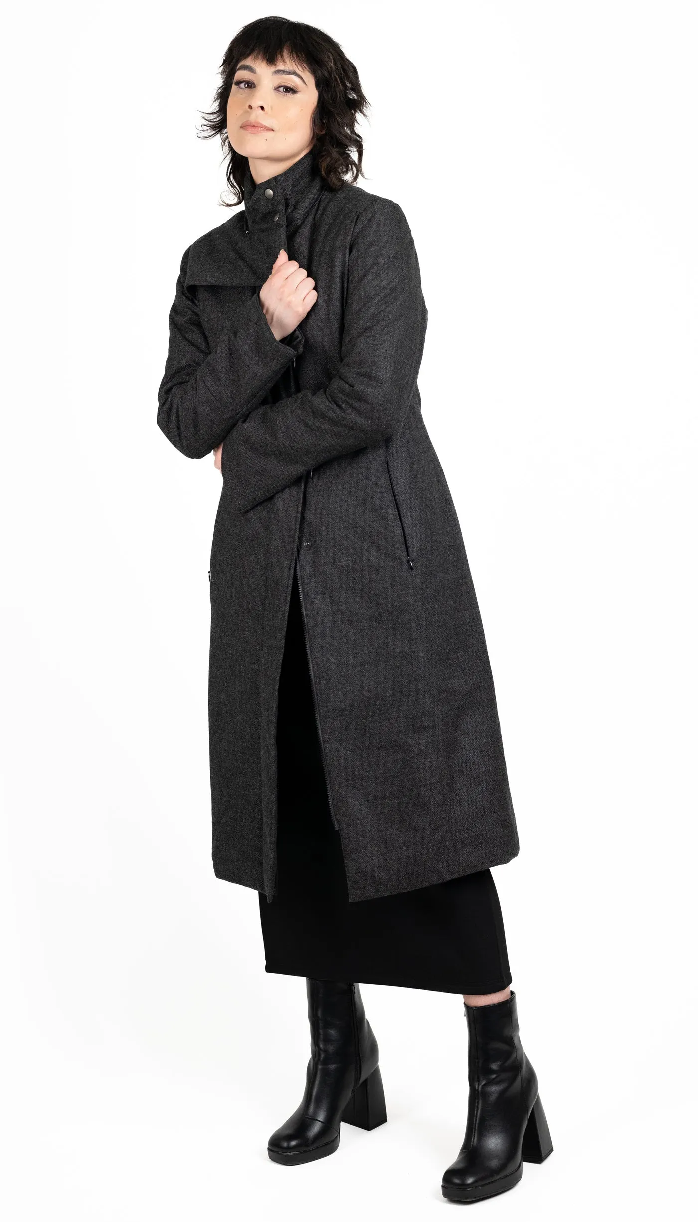 Hooded Maxi Coat in Charcoal Storm Wool with Quilted Liner and Thinsulate