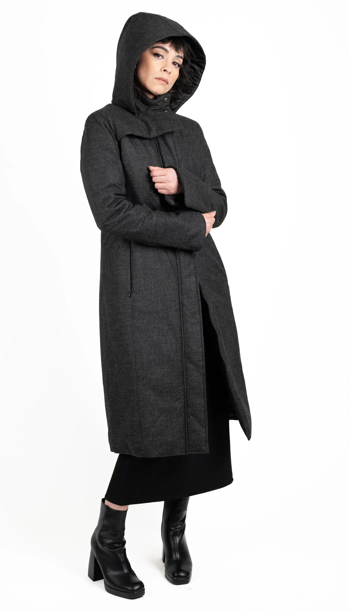 Hooded Maxi Coat in Charcoal Storm Wool with Quilted Liner and Thinsulate