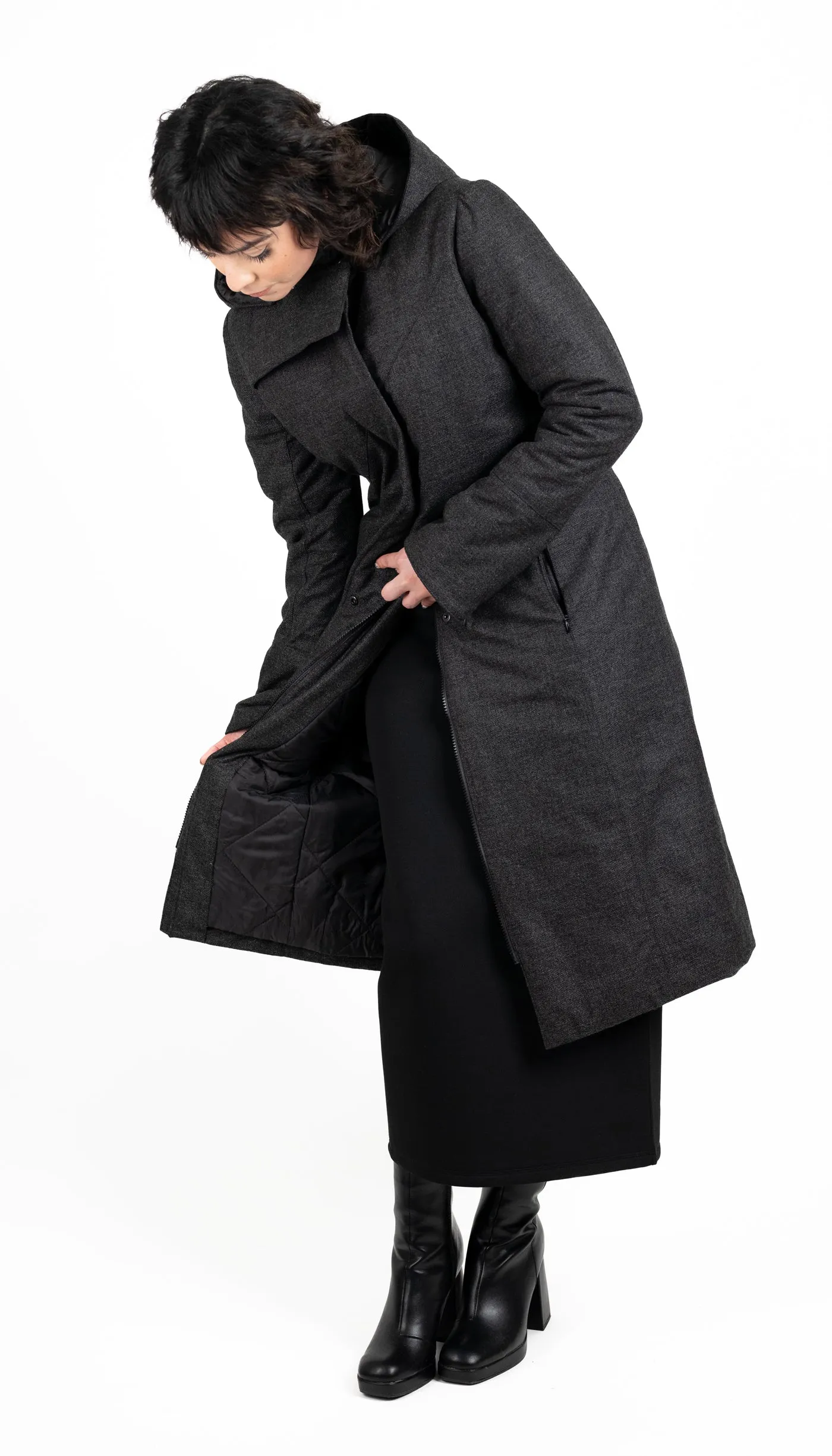 Hooded Maxi Coat in Charcoal Storm Wool with Quilted Liner and Thinsulate