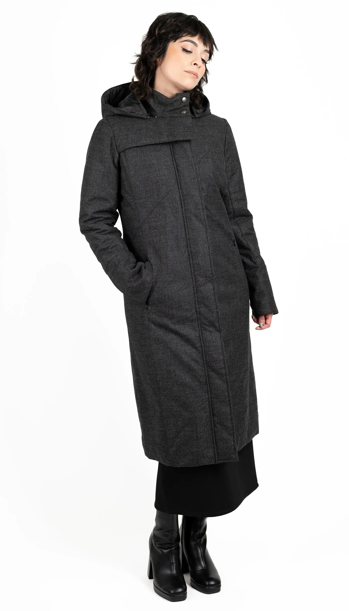 Hooded Maxi Coat in Charcoal Storm Wool with Quilted Liner and Thinsulate