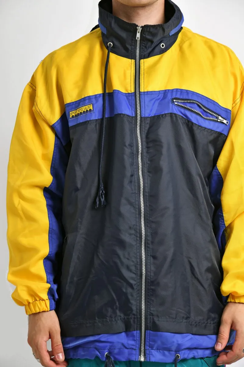 Hooded retro windbreaker coat blue yellow