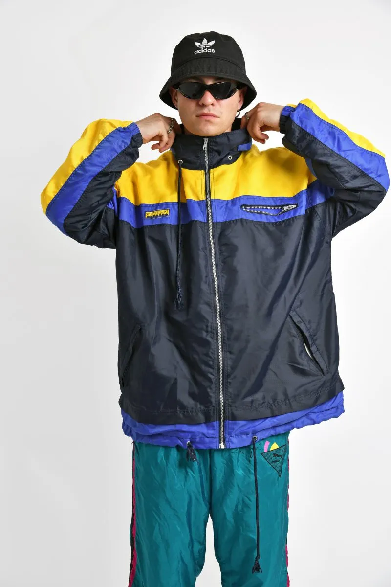 Hooded retro windbreaker coat blue yellow