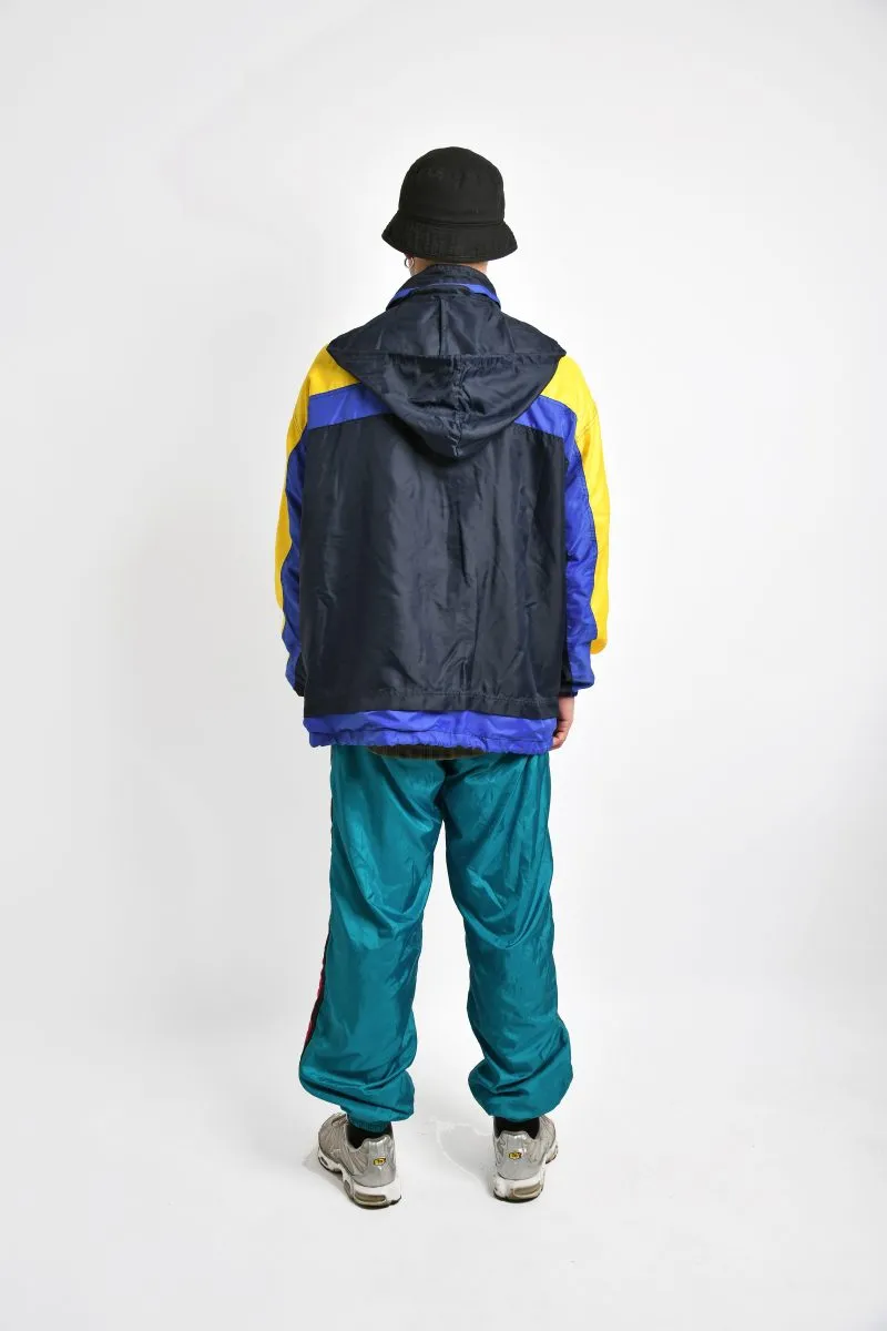 Hooded retro windbreaker coat blue yellow