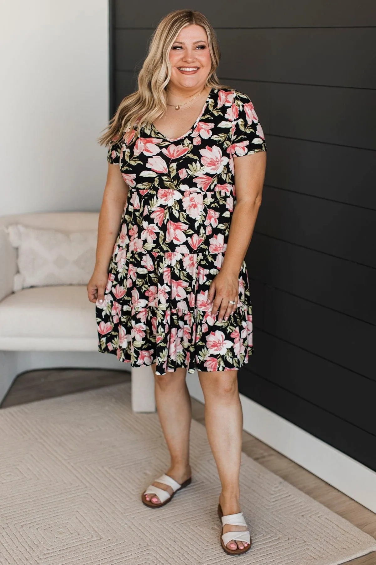 Important Things In Life Floral Dress- Black