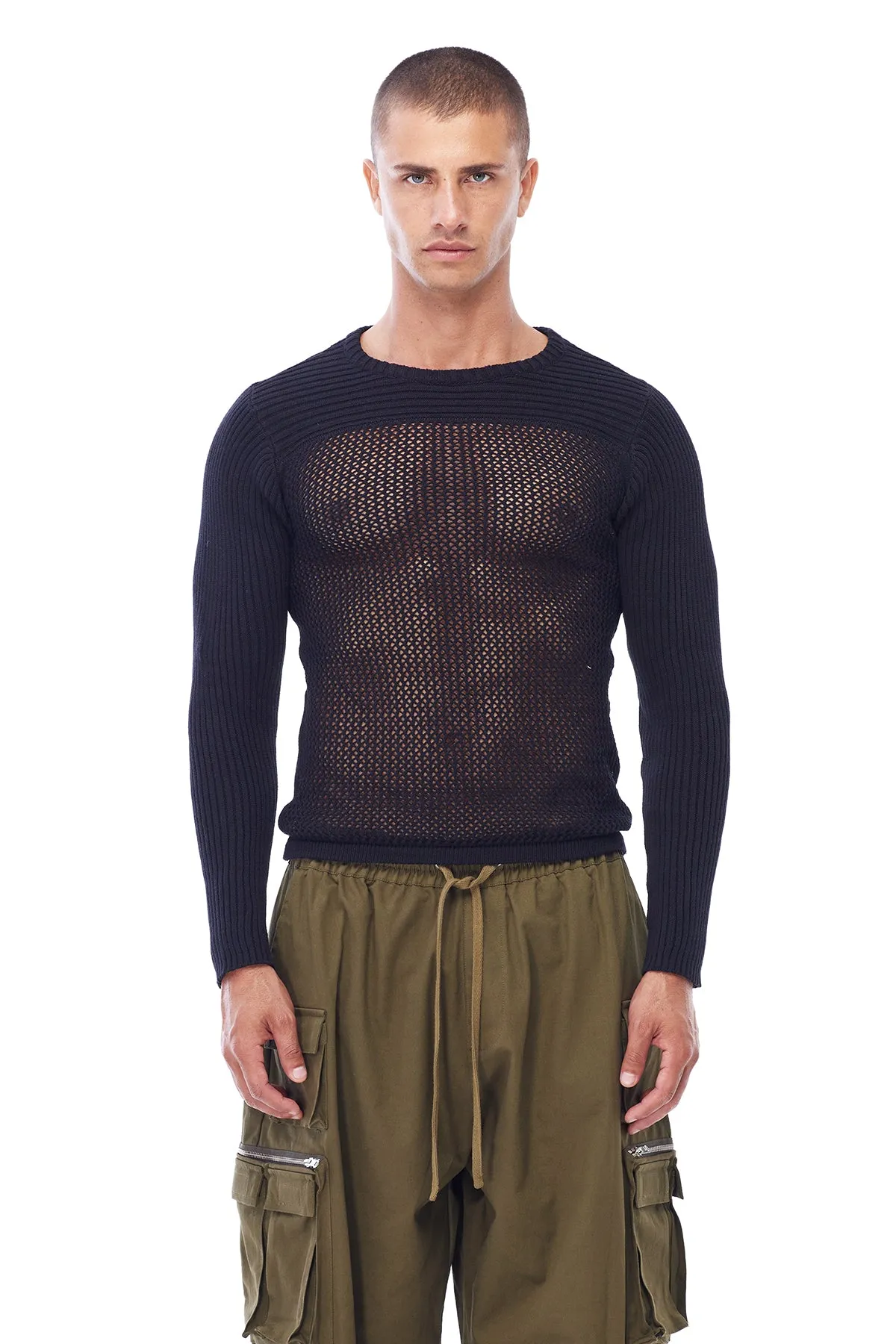 KNIT MESH SWEATER IN BLACK