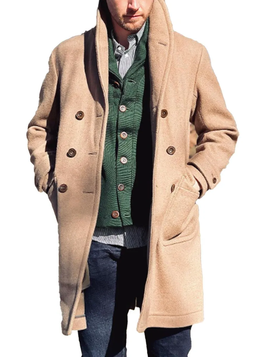 Lapel Double Pocket Double Breasted Warm Woolen Coat