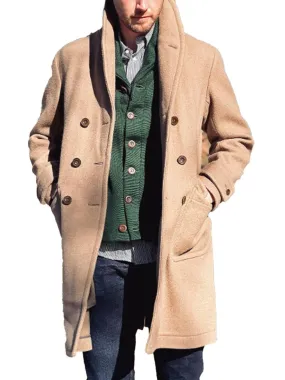 Lapel Double Pocket Double Breasted Warm Woolen Coat