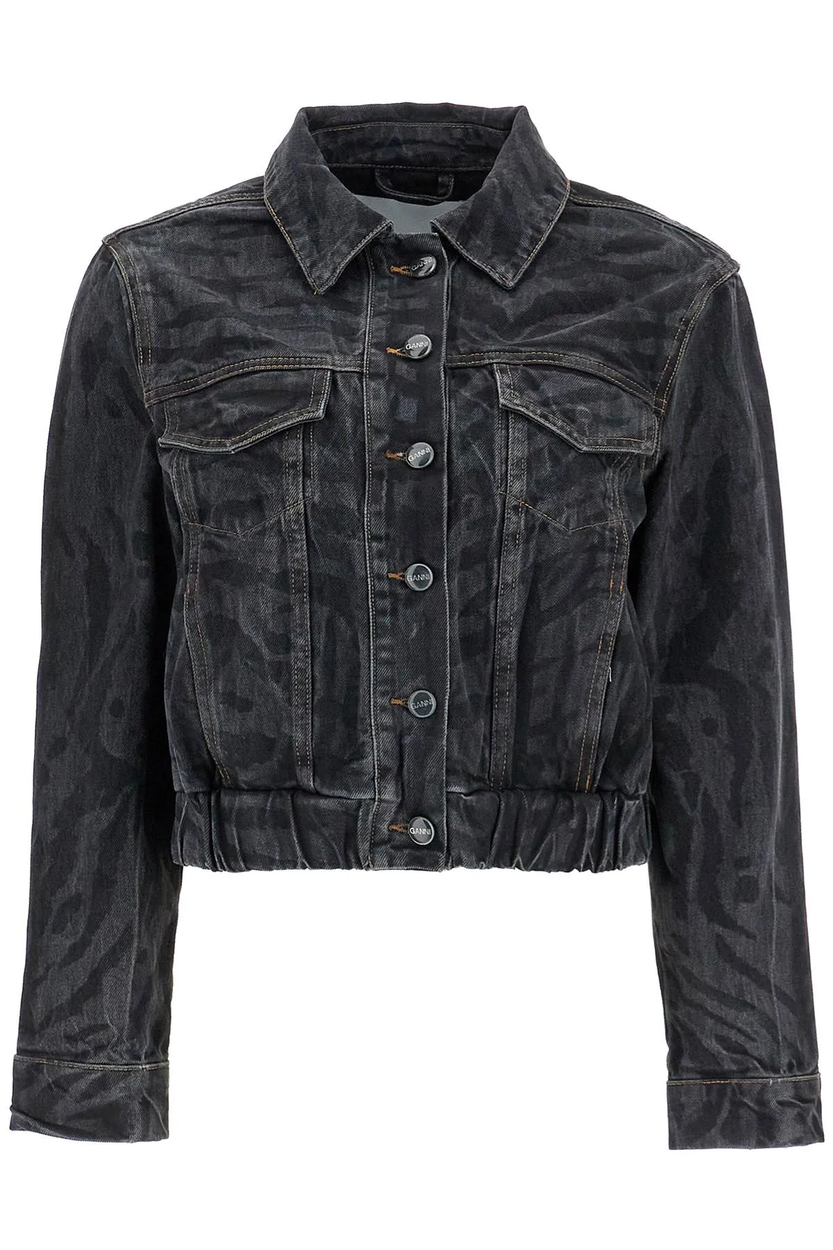 laser-cut black denim jacket