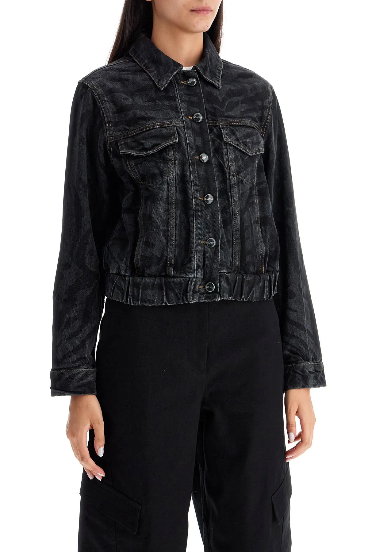 laser-cut black denim jacket