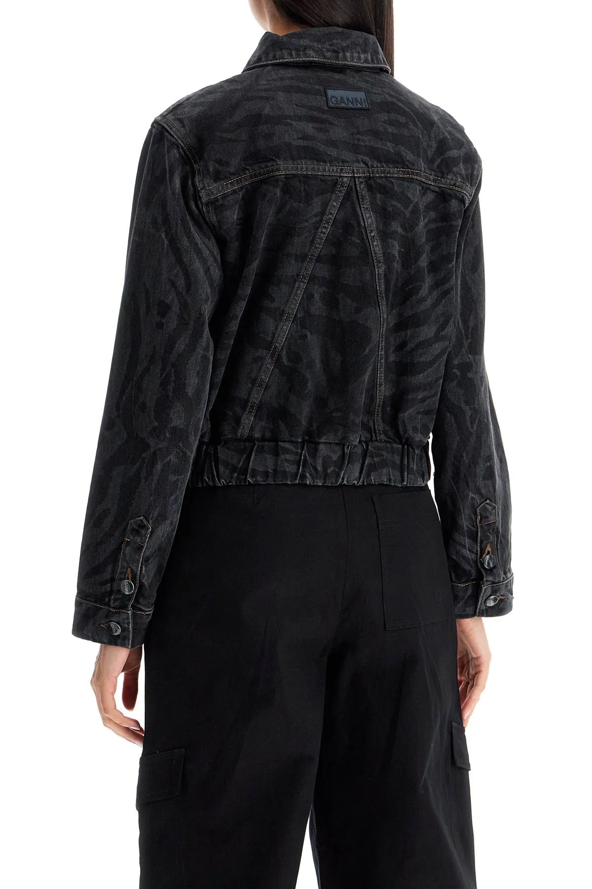 laser-cut black denim jacket