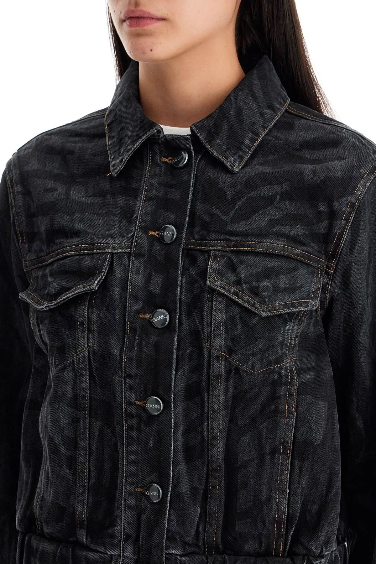 laser-cut black denim jacket