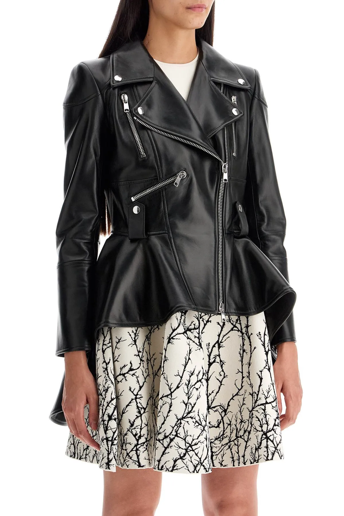 leather biker jacket with peplum design