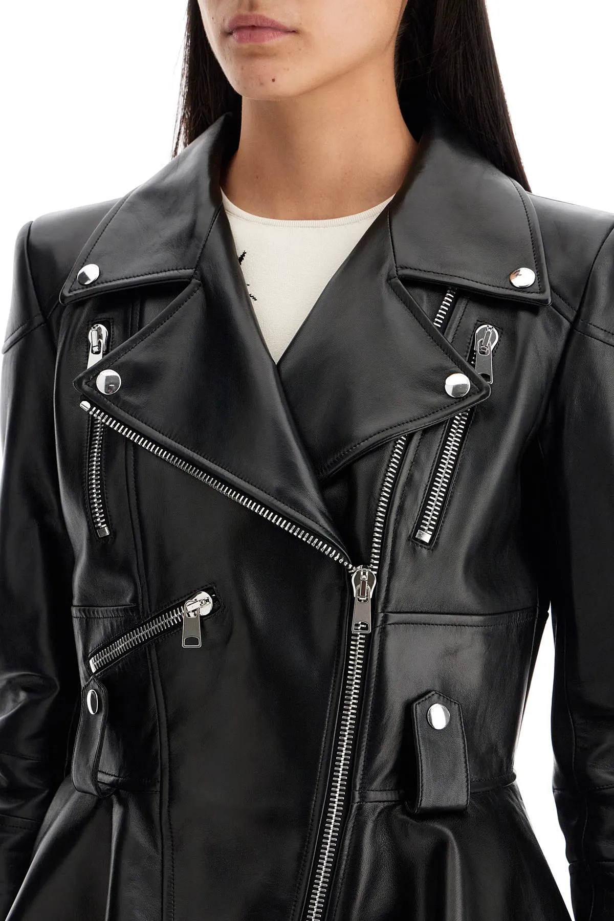 leather biker jacket with peplum design