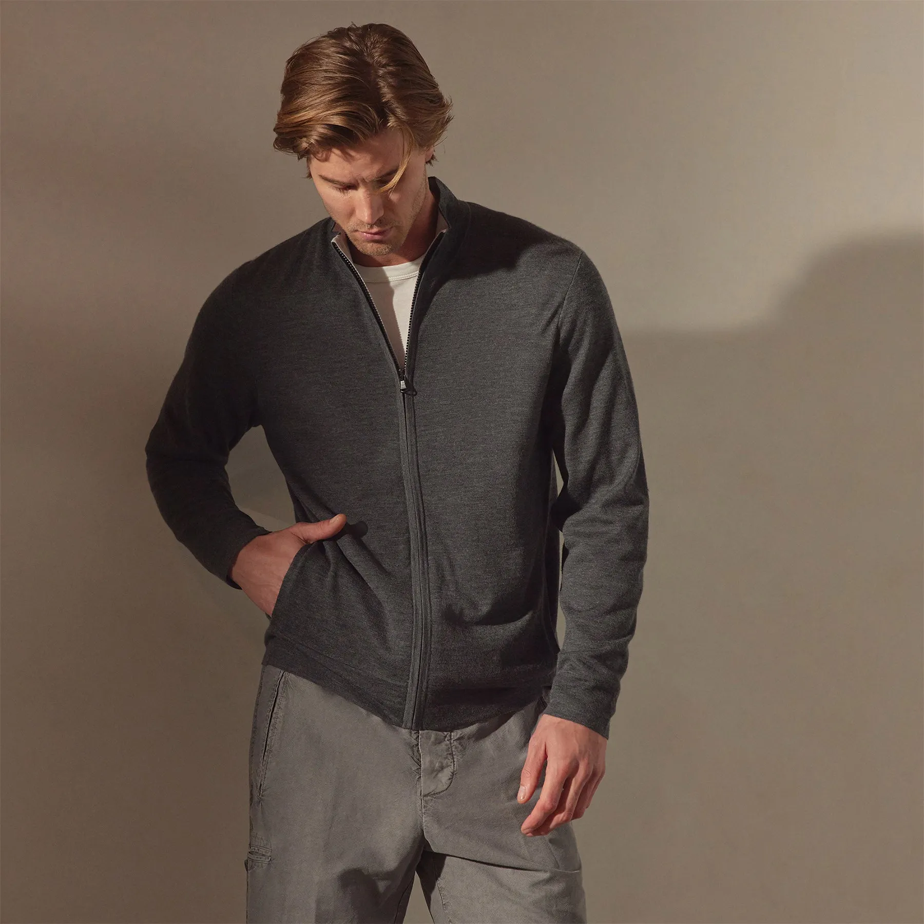 Lightweight Fine Gauge Cashmere Zip Up - Charcoal/stone